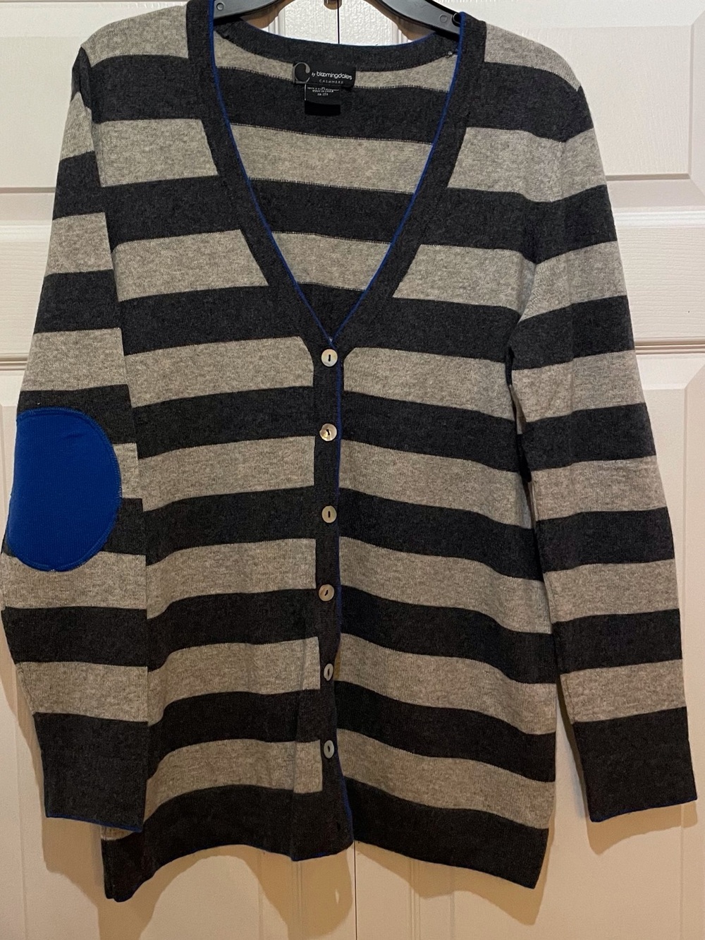 Bloomingdale's Gray & Black Striped V-Neck Cardigan with Blue Elbow Patch